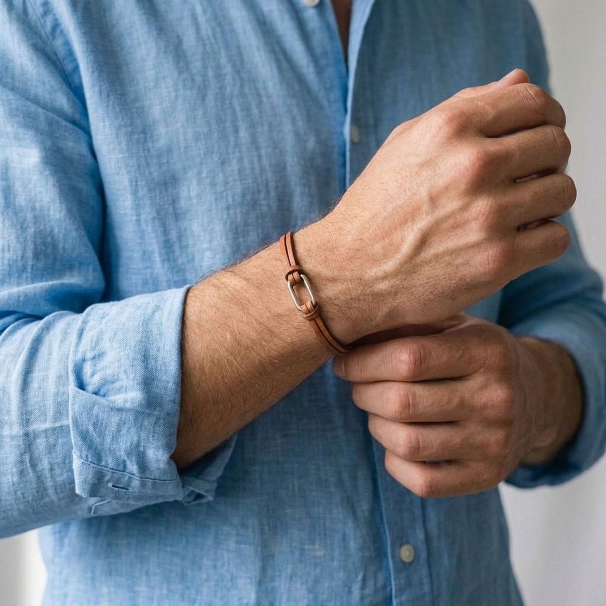 Bracelet homme à boucle argentée en fins liens de cuir fauve grainé avec fermoir aimanté argenté porté au poignet