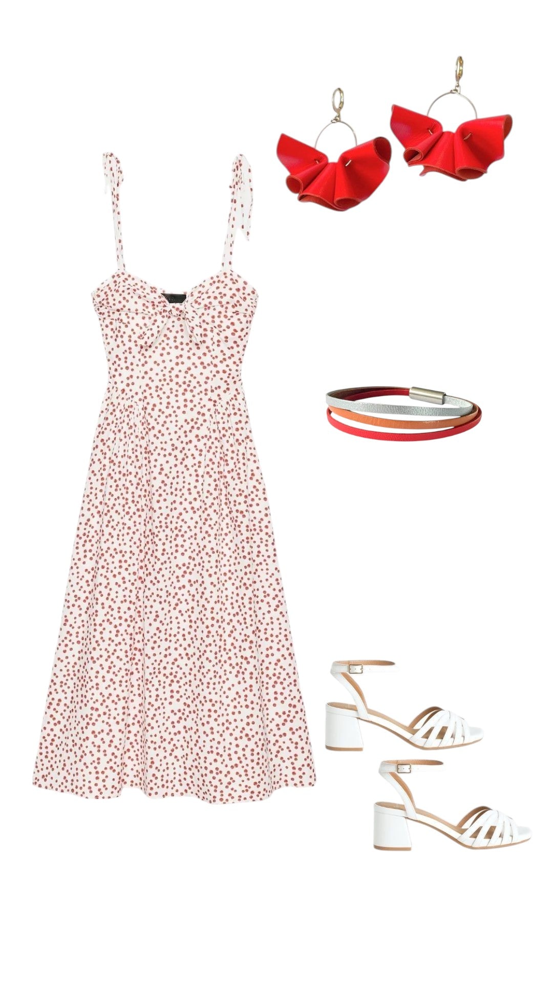 Planche de style couleurs rouge orangé avec tenue, chaussures et bijoux Nune - Lookbook Nune