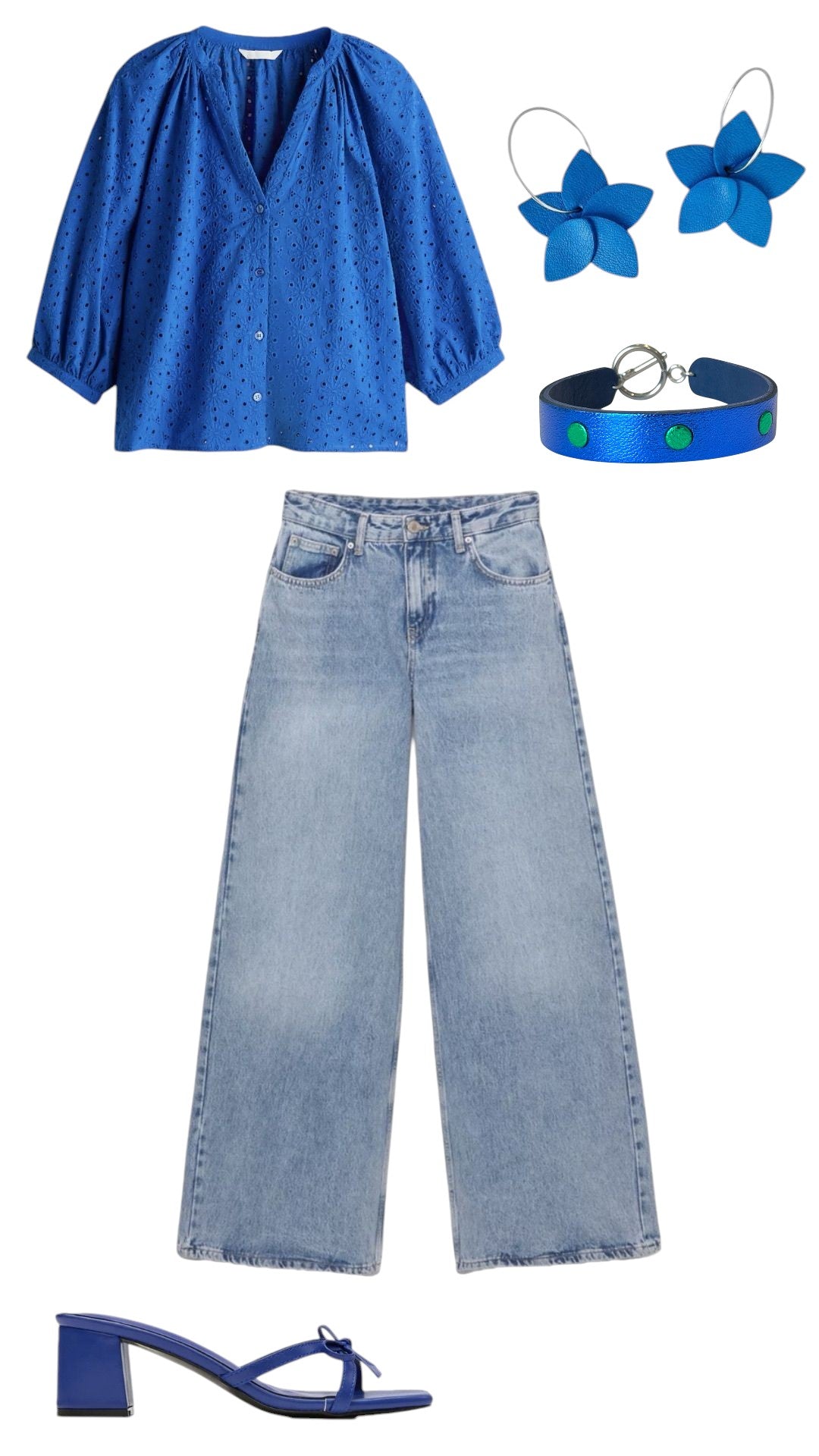 Planche de style printanière couleur bleu roi avec tenue, nu-pieds à talons, bracelet argenté Elio et Créoles Jasmin argentées Nune - Lookbook Nune