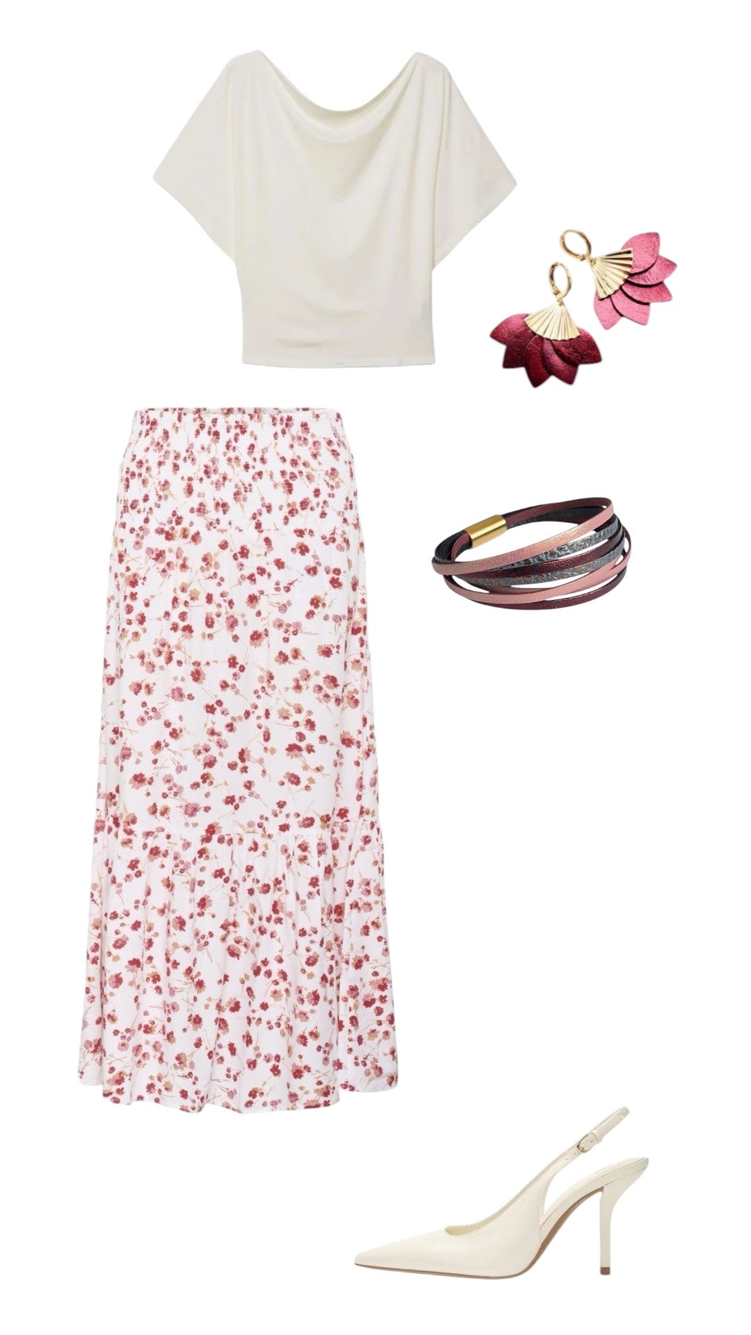 Planche de style printanière - couleur grenat métallisé et rose pâle avec top blanc, jupe à fleurs, escarpons blancs à talon, boucles d'oreilles Sakura et bracelet doré Solis de Nune - Lookbook