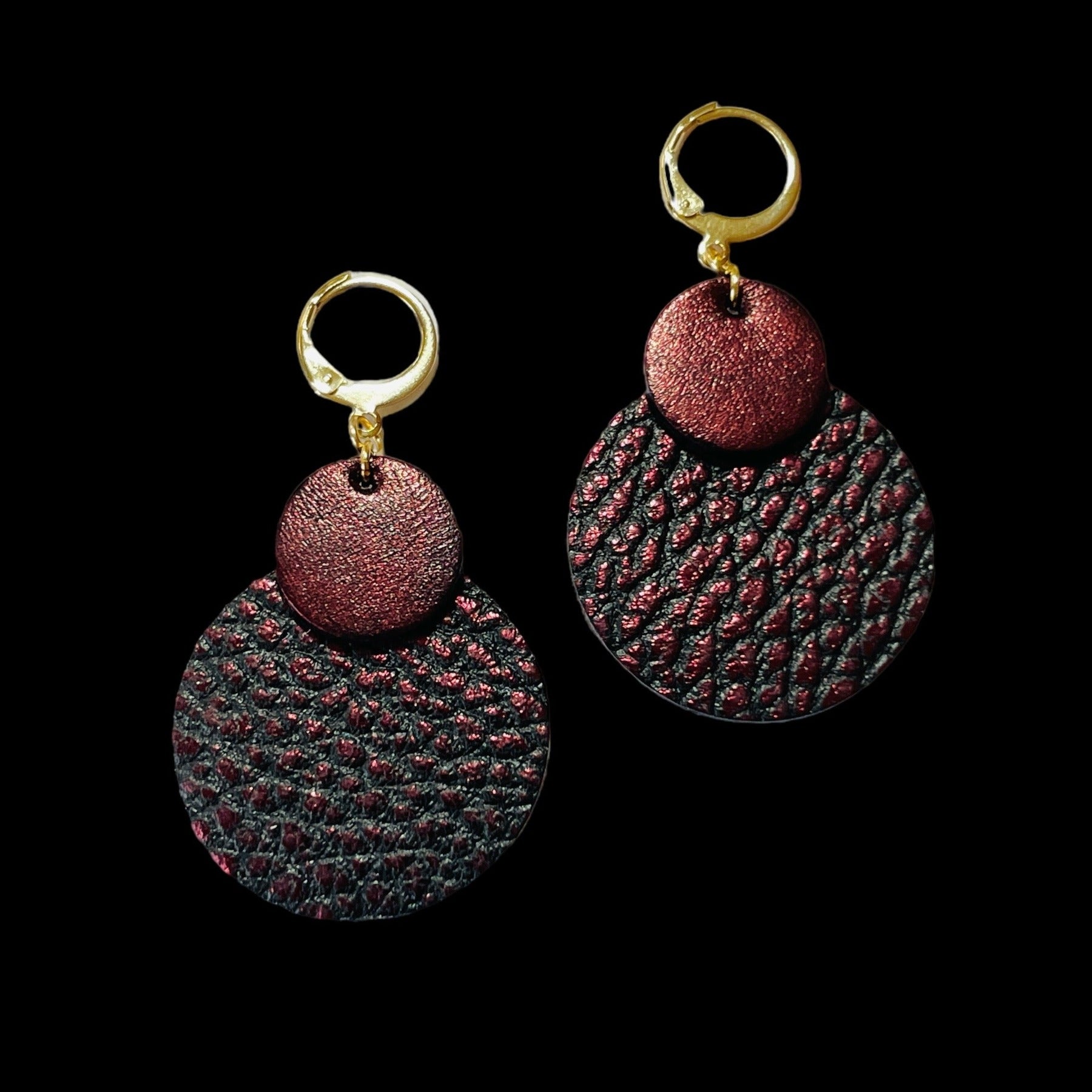 boucles d'oreilles Chica pendantes en duo de disques bicolores grenat