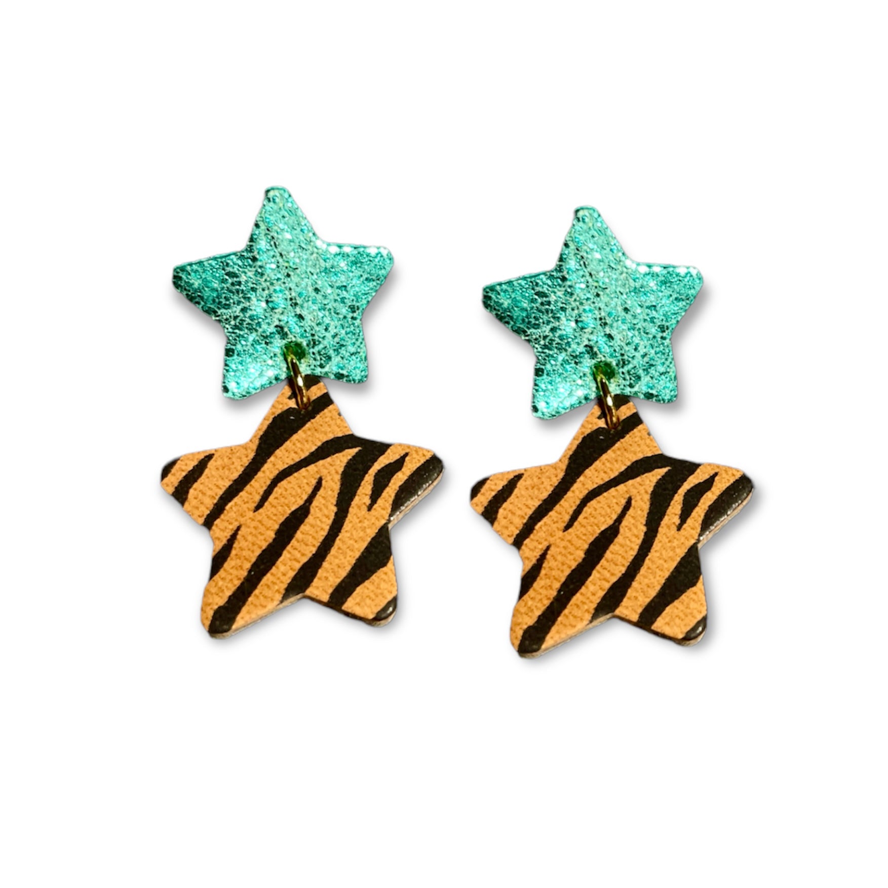 Nune puces d'oreilles Starlettes, en forme d'étoiles tout cuir, vert émeraude brillant et zébré roux