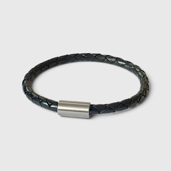 Bracelet homme en cuir tressé noir avec fermoir cylindrique aimanté en acier inoxydable