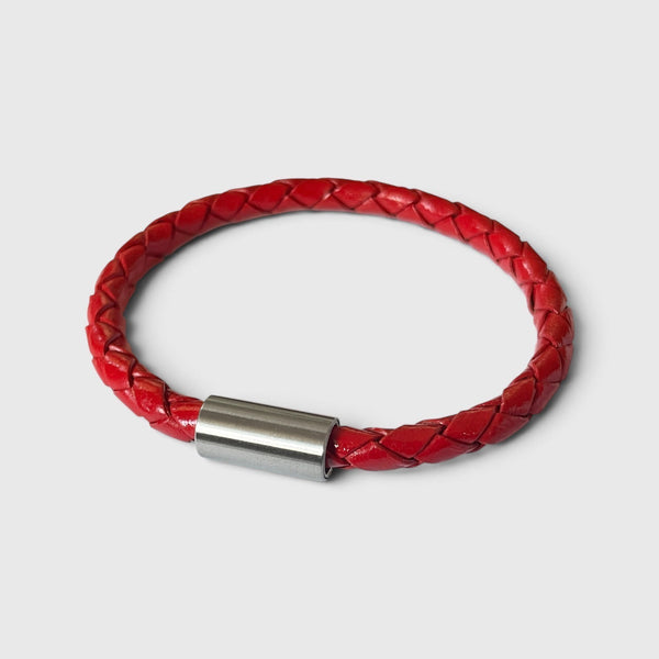 Bracelet homme en cuir tressé rouge avec fermoir cylindrique aimanté en acier inoxydable