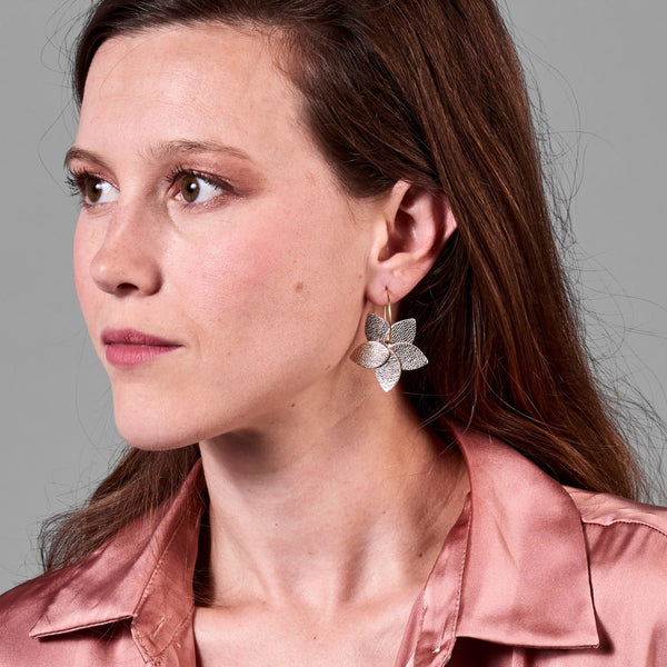 Jeune femme vue de profil portant les petites créoles Jasmin en pétales de cuir argent, en forme de fleurs, sur fond gris