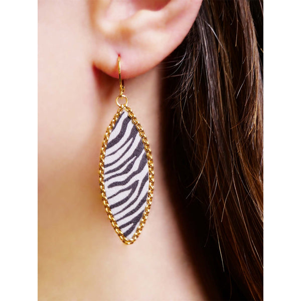 boucles d'oreilles doré or fin forme épi cuir zébré noir