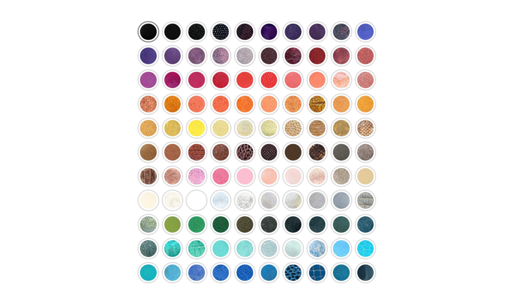 Nuancier de cuirs recyclés Nune - Plus de 150 couleurs de cuirs pour personnaliser votre bijou : des cuirs mats-satinés, aux cuirs brillants, pailletés ou irisés, en passant par les cuirs fantaisie imitation croco ou serpent, il y en a pour tous les goûts