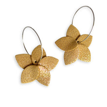 Charger l&#39;image dans la galerie, Nune 2 petites boucles d&#39;oreilles créoles Jasmin Argenté Pailleté en cuir beige pailleté irisé, sur fond blanc
