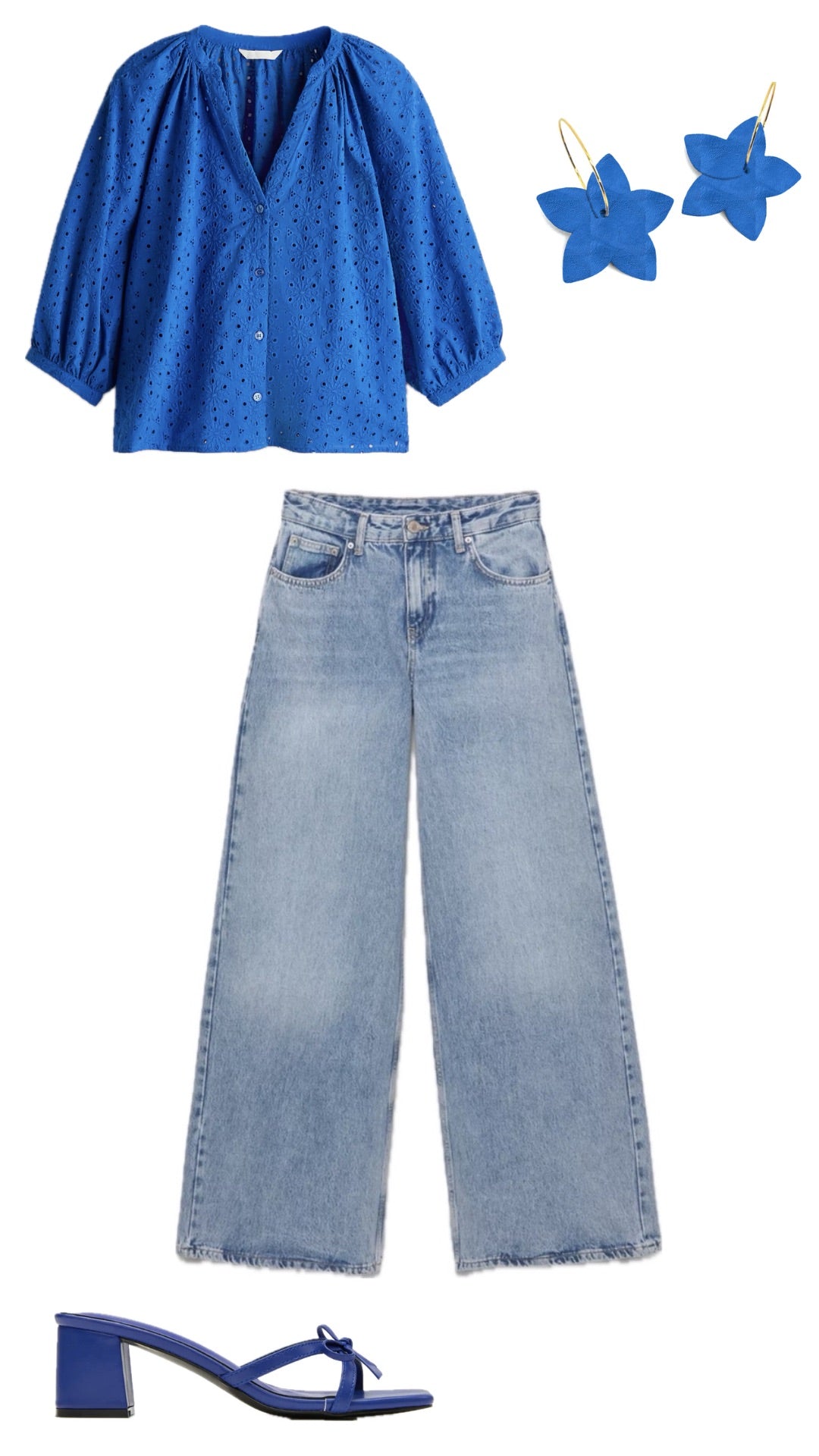 Planche de style printanière couleur bleu roi avec tenue, chaussures et bijoux Nune - Lookbook Nune