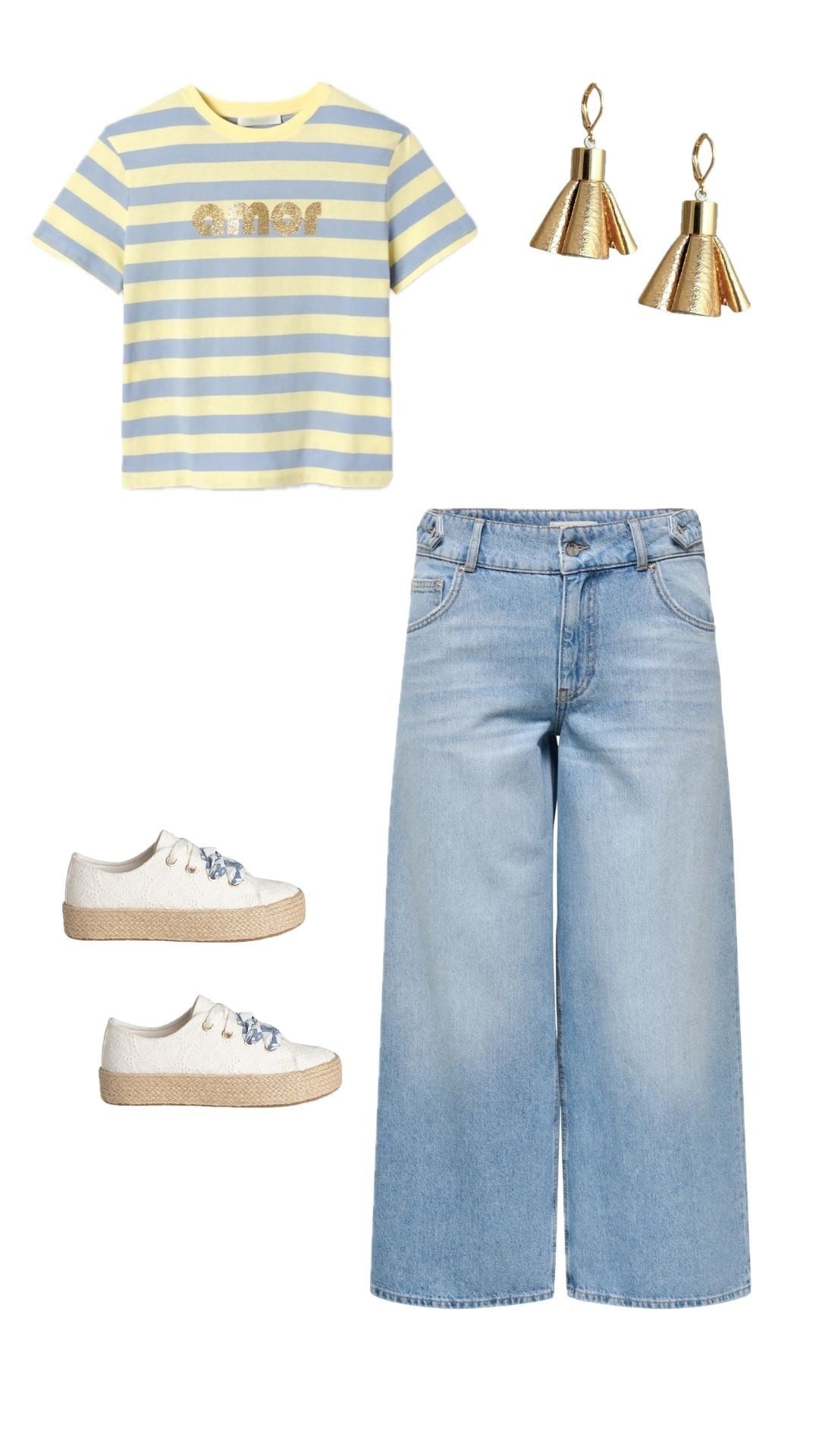Planche de style casual couleurs pastels et jean,  avec tenue, chaussures et boucles d'oreilles Frou Frou Nune - Lookbook