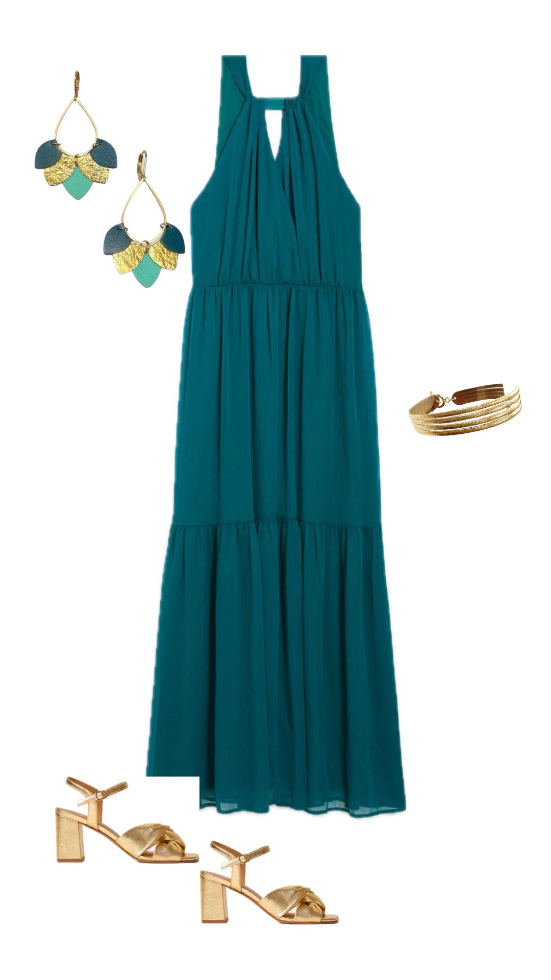 Planche de style de soirée couleur vert canard et dorée,  avec robe longue, chaussures, boucles d'oreilles Aponi et bracelet Timo de Nune - Lookbook