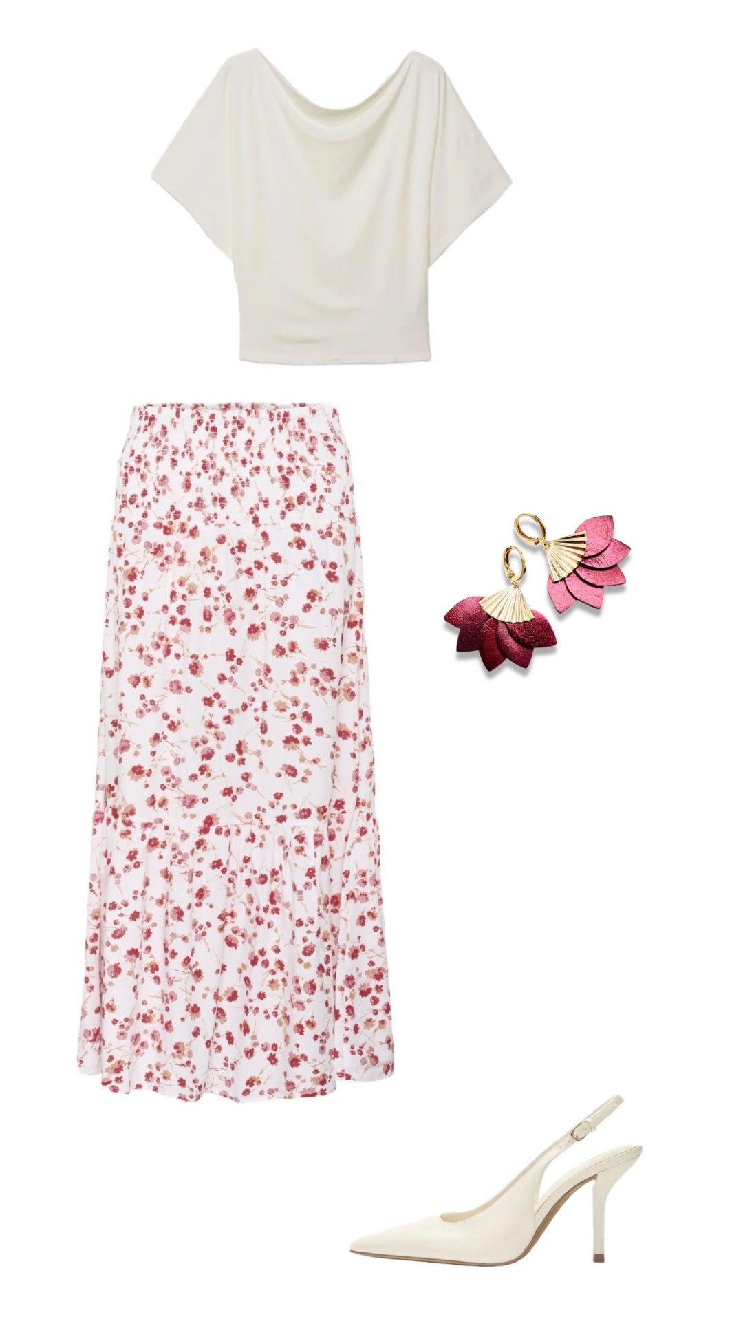Planche de style printanière - couleur grenat métallisé et rose pâle avec tenue, chaussures et bijoux Nune - Lookbook Nune