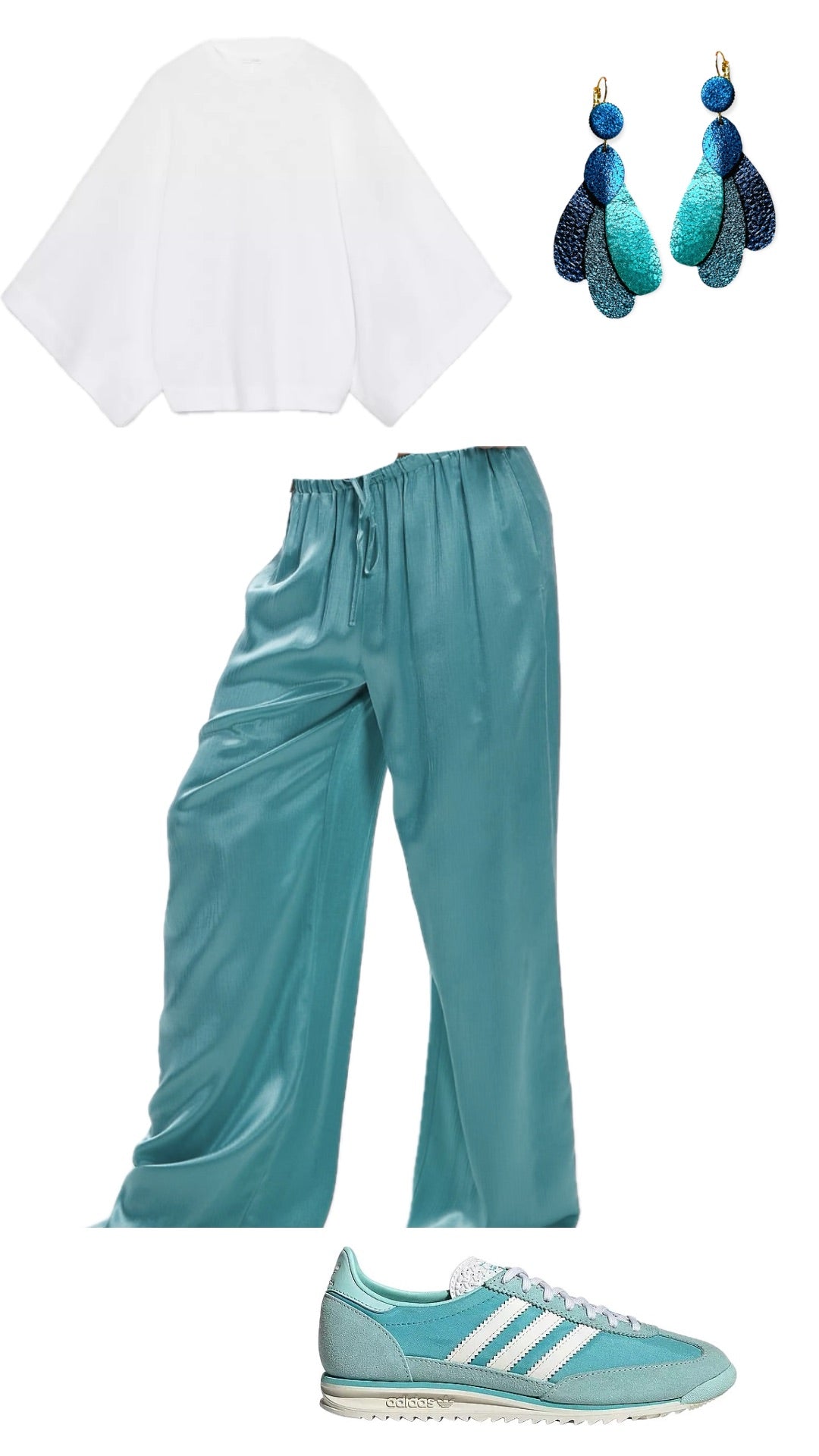 Planche de style  printanière couleurs bleu-vert avec tenue, chaussures et bijoux Nune - Lookbook Nune