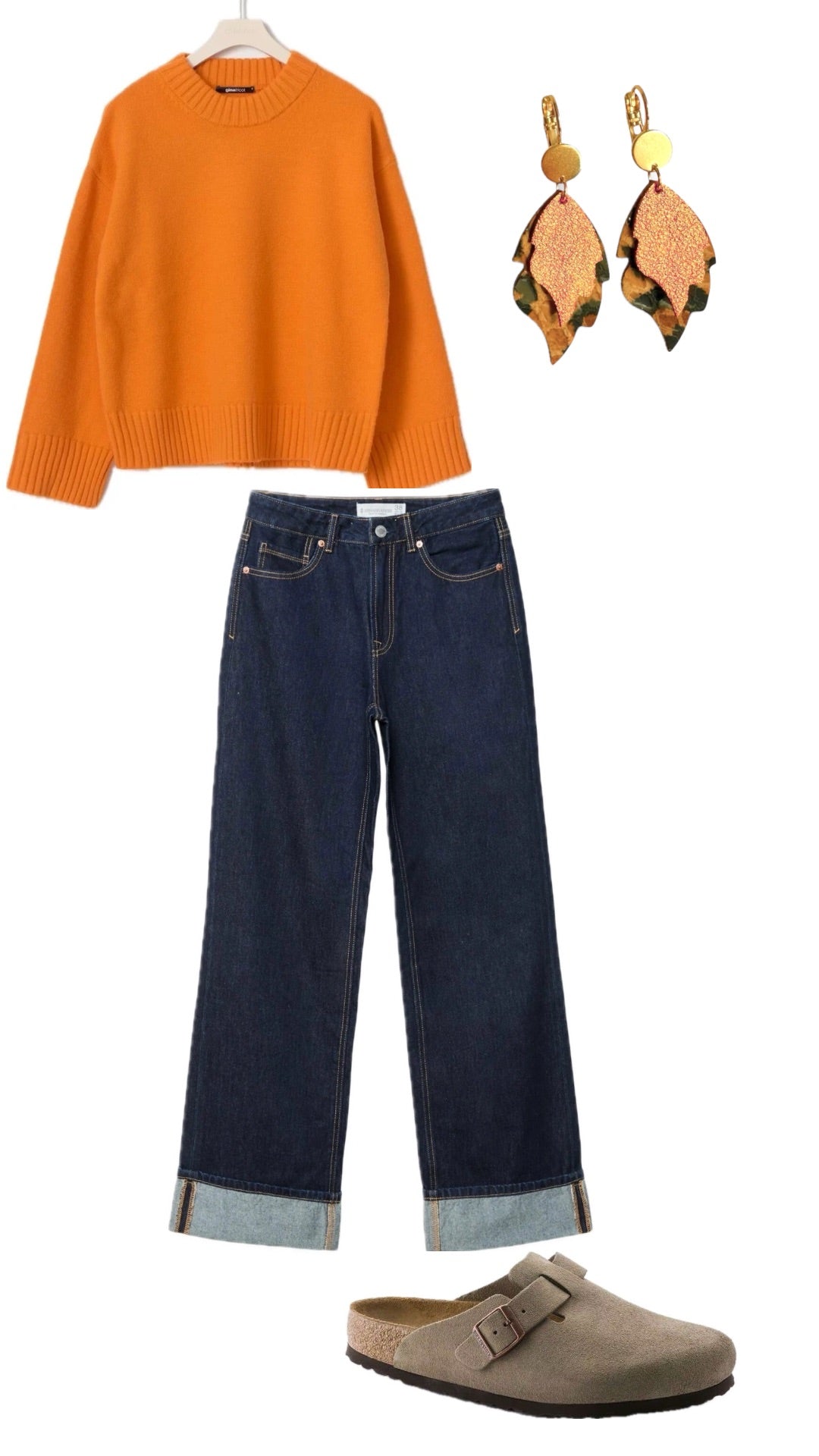 Planche de style printanière orange, cuivre et léopard avec tenue, chaussures et bijoux Nune - Lookbook Nune