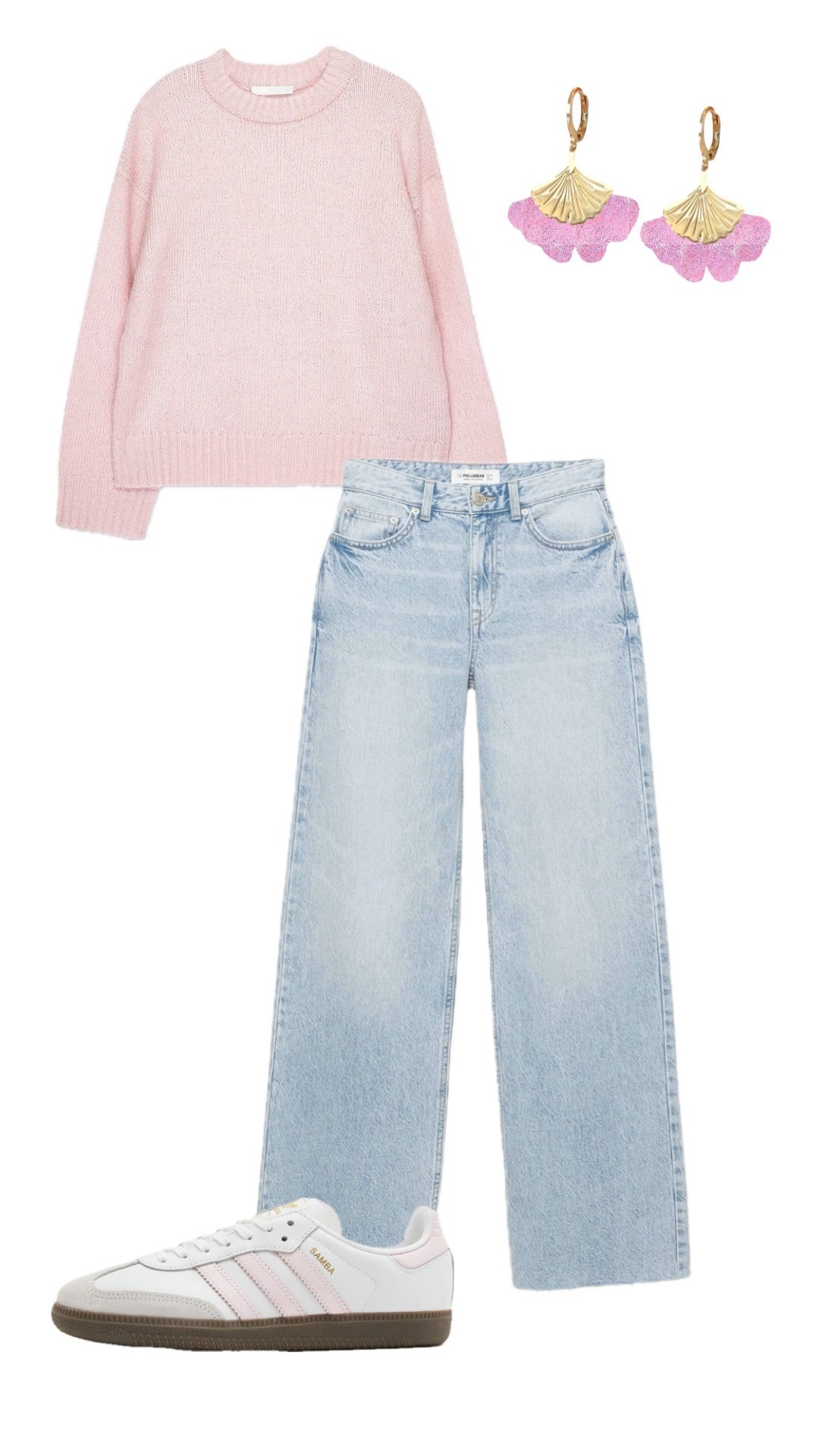 Planche de style printanière - couleurs rose pâle et brillant avec tenue, chaussures et bijoux Nune - Lookbook Nune