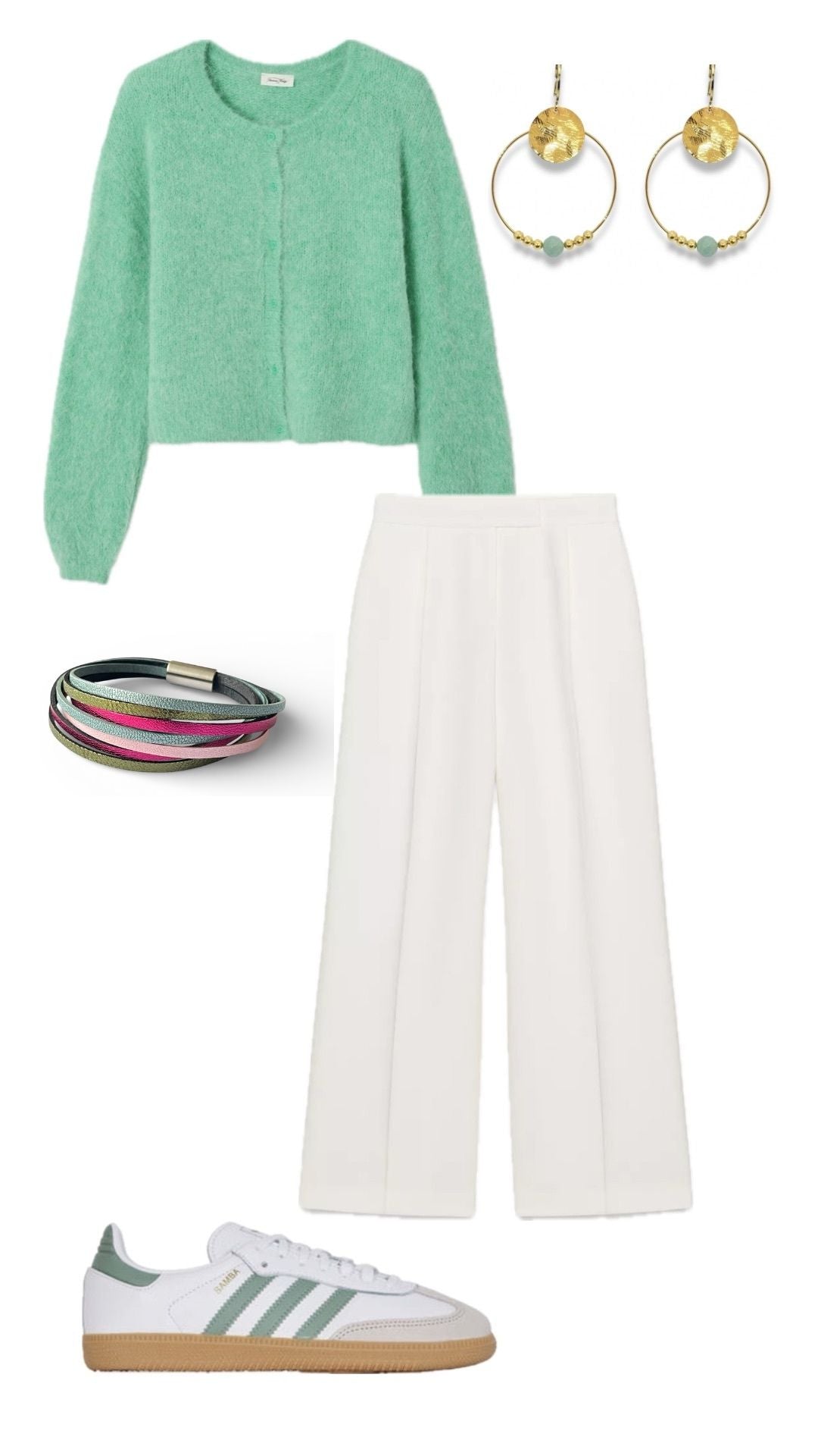 Planche de style printanière couleur vert clair - avec tenue, baskets et bijoux cuir vert et perles fine d'amazonite - Lookbook Nune