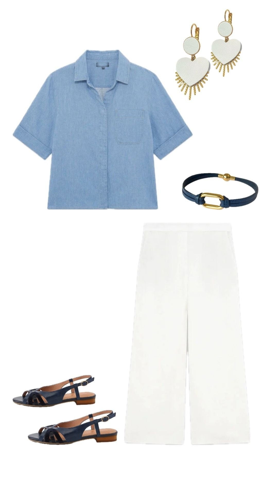 Planche de style  printanière couleurs blanc et bleu marine avec chemisette bleue, pantalon blanc, sandales bleu marine en cuir, bracelet Lino et boucles d'oreilles dorées Venus de Nune - Lookbook Nune