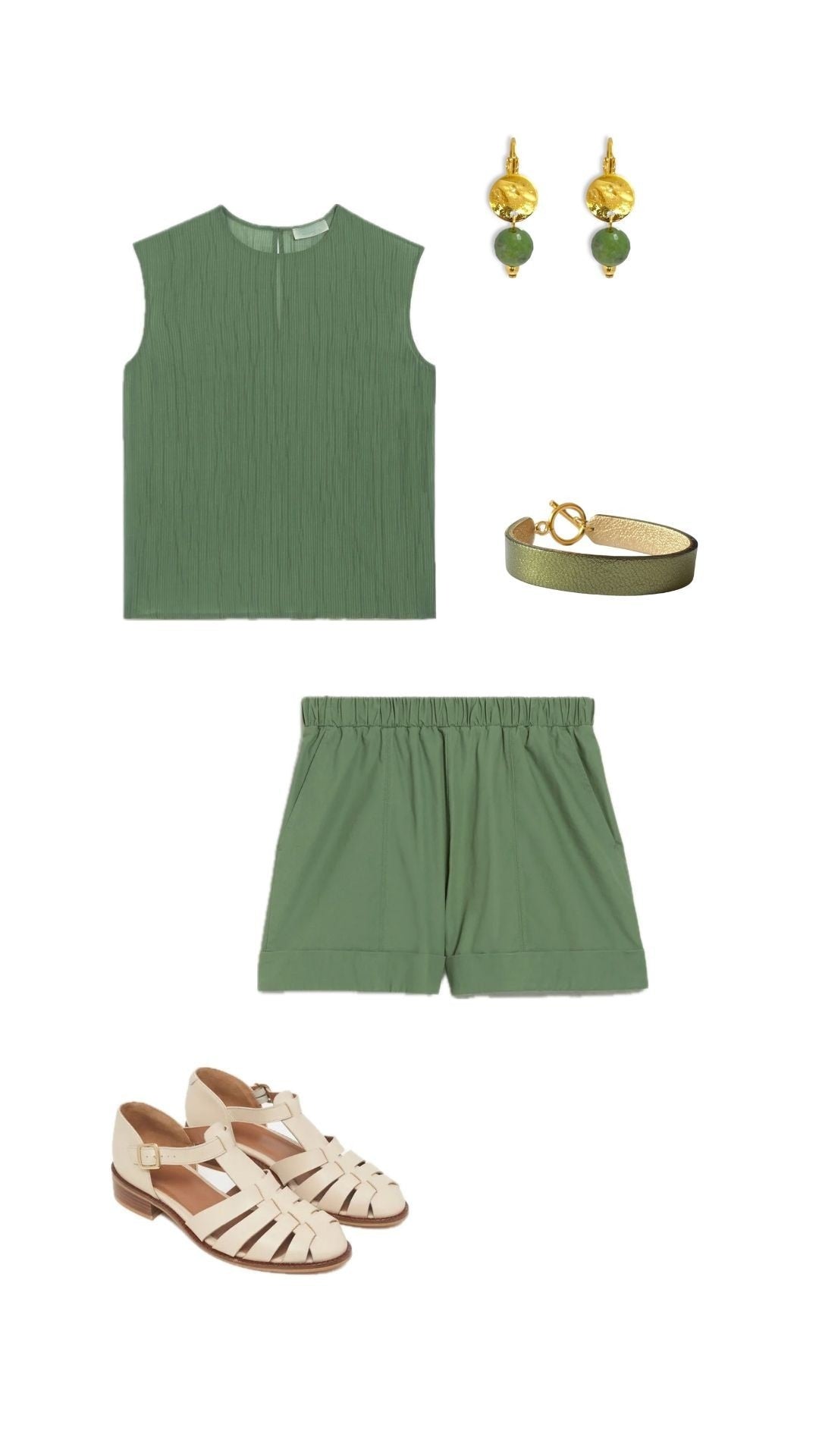 Planche de style tenue légère d'été couleur vert kaki,  avec débardeur, short, sandales, boucles d'oreilles Imperia et bracelet doré Milo de Nune - Lookbook