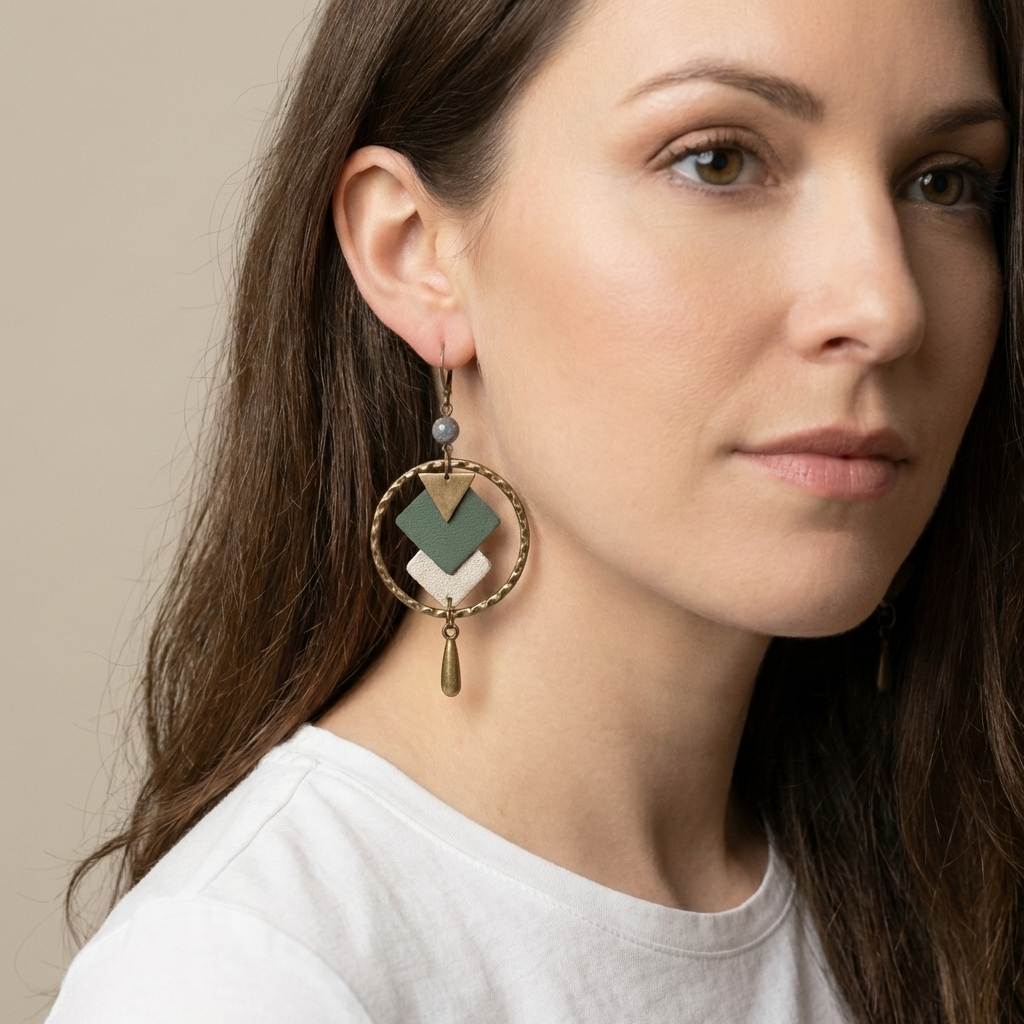 Boucles d'oreille en bronze Nune modèle Adamante Créoles en cuir vert sapin portées aux oreilles par une femme brune