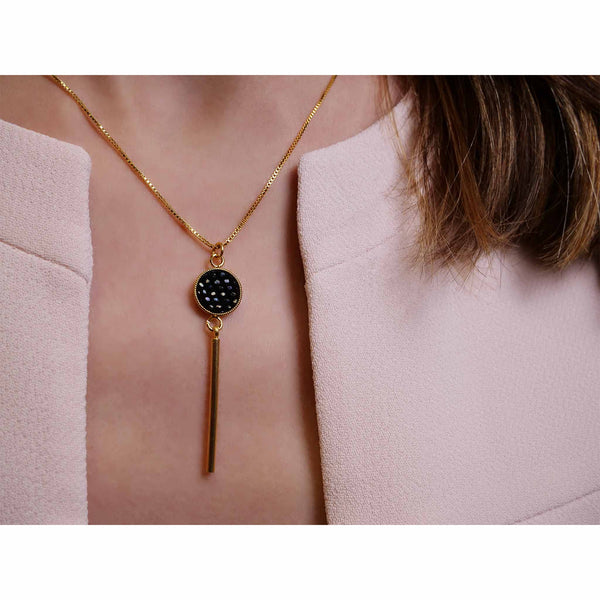 collier fin doré cuir chaîne maille carrée ajustable noir grainé