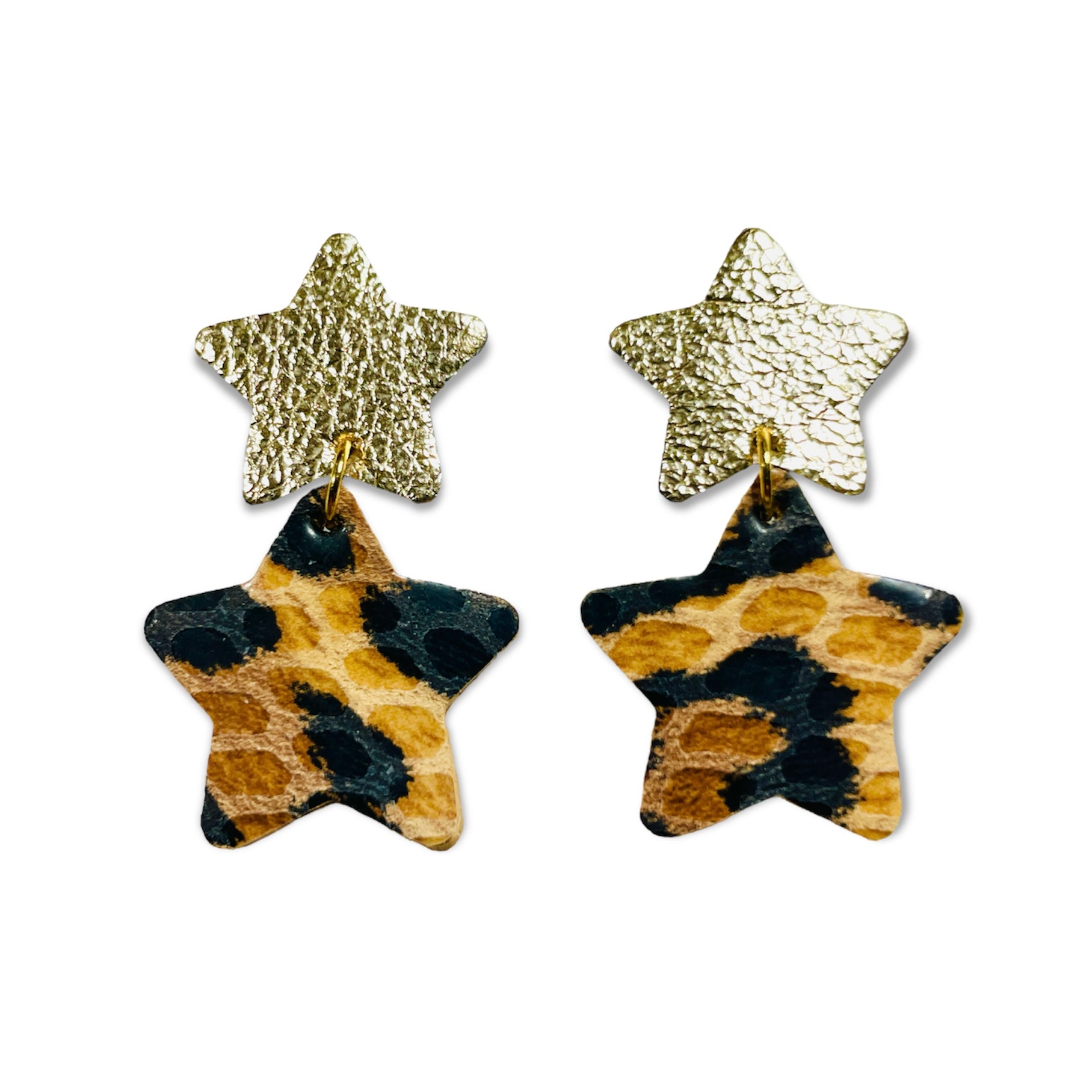 Nune puces d'oreilles Starlettes, en forme d'étoiles tout cuir, doré champagne et léopard
