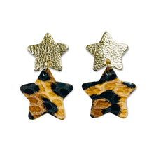 Charger l&#39;image dans la galerie, Nune puces d&#39;oreilles Starlettes, en forme d&#39;étoiles tout cuir, doré champagne et léopard
