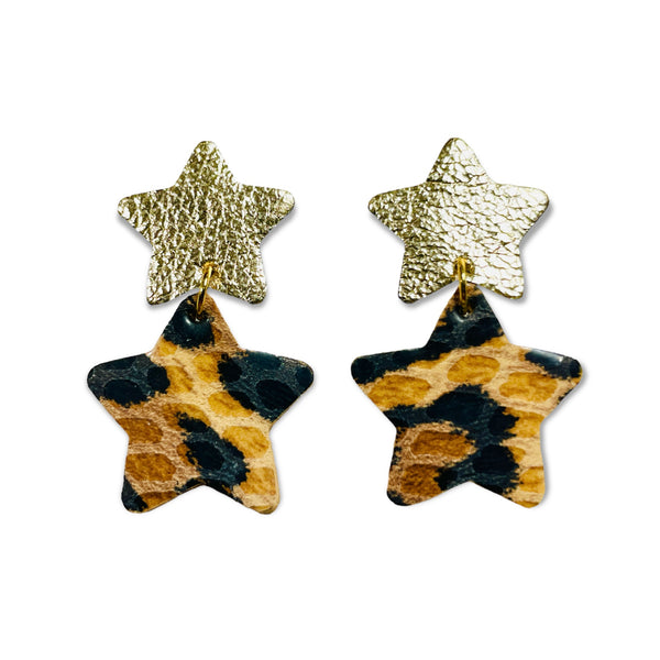 Nune puces d'oreilles Starlettes, en forme d'étoiles tout cuir, doré champagne et léopard